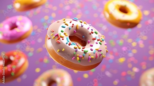 Flying Frosted sprinkled donuts. Set of multicolored doughnuts with sprinkles isolate on color background. 3d rendering Generative AI