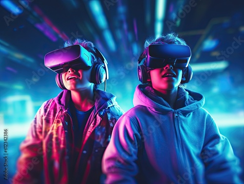 Two kid wearing a virtual reality headset. VR goggles to showcase in action. generative AI