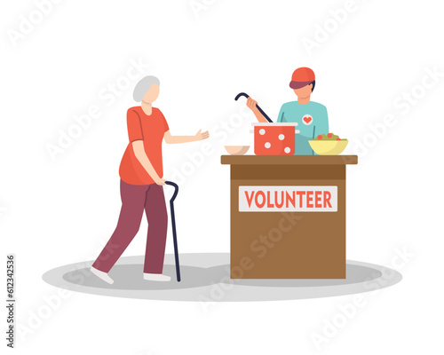 Old woman with special needs come to volunteer center to take free food. Volunteer cooking and giving food to people. Helping humans with disability concept. Vector flat illustration