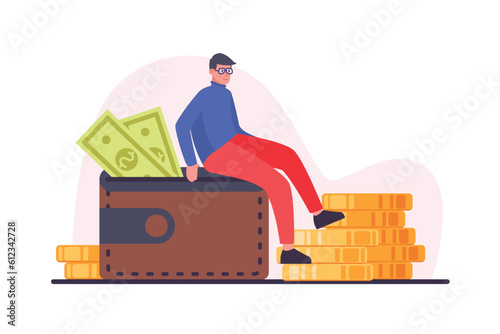 Rich person reflecting on capital increase. Character sitting on wallet with protruding dollar banknotes in front of pile of gold coins. Flat vector illustration