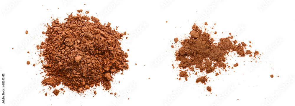 pile of cocoa powder isolated on white background. Top view. Flat lay