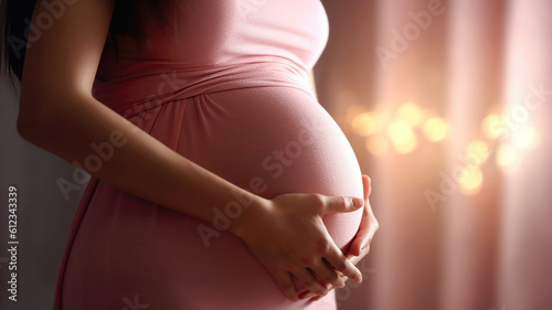 Beautiful young pregnant woman in good fit holds hands on her belly. Happy mother waiting for baby birth during pregnancy. Generative Ai