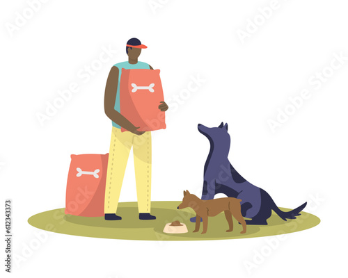 Man in uniform holding package with food for dogs, and feeding them. Giving support for domestic animals. Social active youth. Charity and donations for dogs. Vector flat illustration