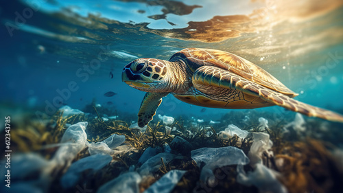 Plastic pollution in ocean environmental problem. Turtles can eat plastic bags. Generative Ai