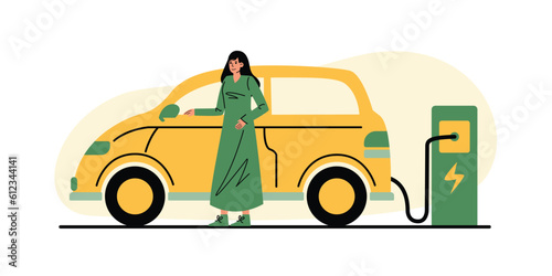 Pretty woman standing at electric station and charges her electric car. Colored cartoon female using eco transport. Reducing world energy consumption. Flat vector illustration