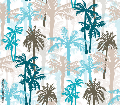 Palm tree seamless vector tropical pattern. Exotic summer print in blue and brown. Vector illustration.