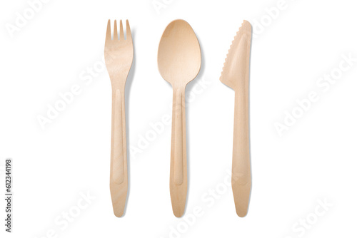 Eco friendly disposable wooden cutlery: fork, spoon and knife isolated on a transparent background, PNG. High resolution.