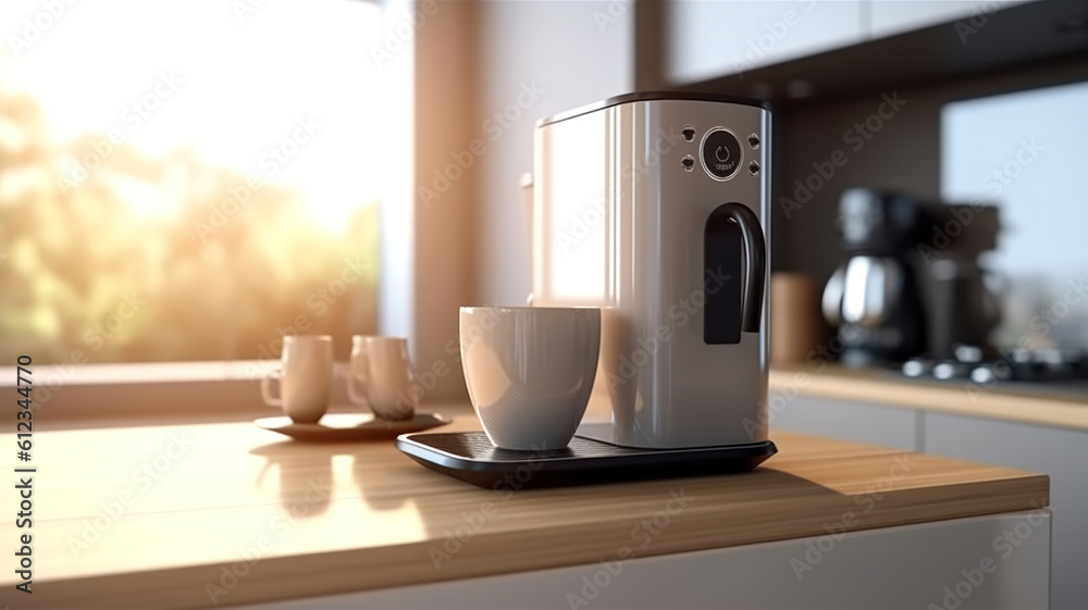 Modern coffee machine with cup on counter in kitchen. Generative Ai Modern coffee machine with cup on counter in kitchen. Generative Ai