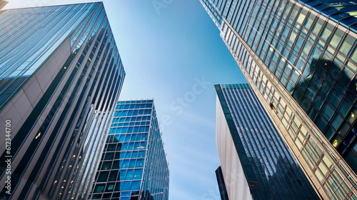 Modern skyscraper buildings in the financial district, bottom view, generative Ai