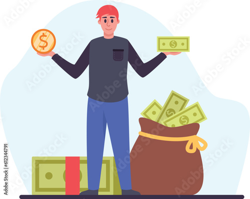 Investment in foreign currency. Young male entrepreneur holding dollar coin and banknote in hands. Flat vector illustration isolated on blue background