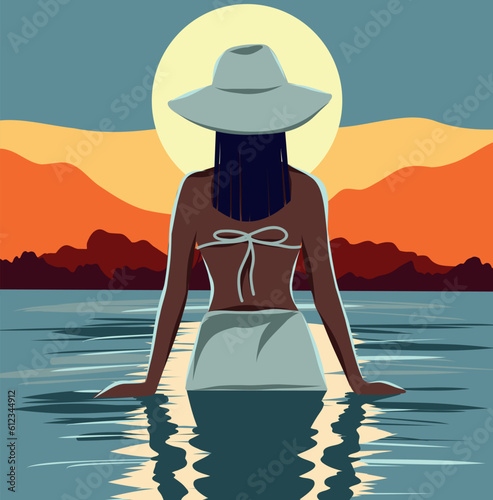 Vector flat illustration of a girl in a hat in the summer on vacation on the beach swims in the sea and poses against the background of the sunset