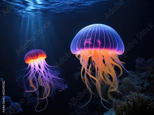 Glowing deep sea jellyfish a radiant beauty in dark blue underwater world ai generated © Shyamol