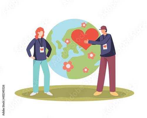 Charity projects around world. Faceless male volunteer with heart symbol in hands and female colleague standing on opposite sides of globe. Flat vector illustration