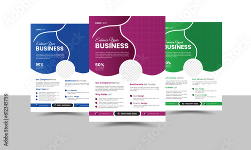 Corporate business flyer template design set with green, Blue, and purple colors variation. organic shape modern creative unique idea cover brochure a4 size half page flyer background for company and	