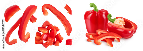 slices of red sweet bell pepper isolated on white background. Top view. Flat lay photo