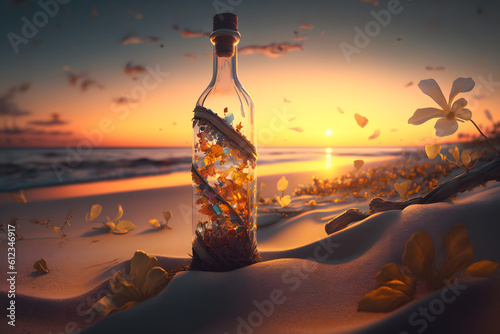 Sunset On The Beach With A Bottle Containing Flower And Plant