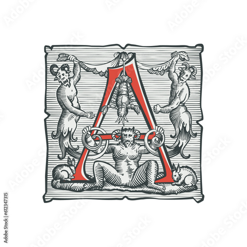 Gothic A letter logo. Medieval dropcap. Devil, witches and ghosts in hell. Engraving hatching illustration. Germanic font for bewitchment labels, pagan music, black magic posters, potions packaging.