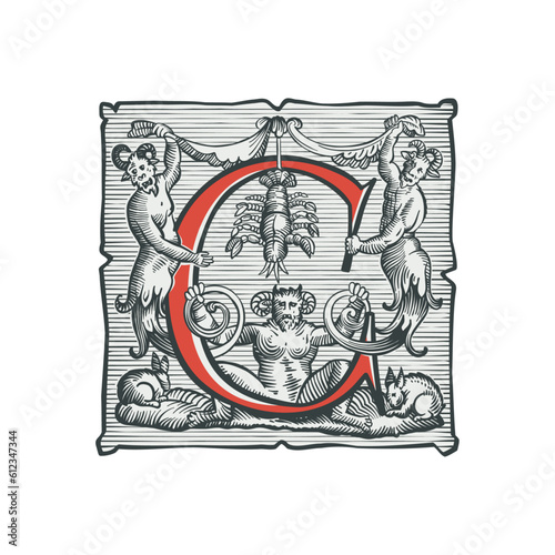 Gothic C letter logo. Medieval dropcap. Devil, witches and ghosts in hell. Engraving hatching illustration. Germanic font for bewitchment labels, pagan music, black magic posters, potions packaging.