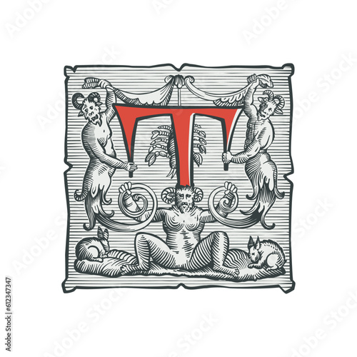 Gothic T letter logo. Medieval dropcap. Devil, witches and ghosts in hell. Engraving hatching illustration. Germanic font for bewitchment labels, pagan music, black magic posters, potions packaging.