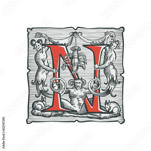 Gothic N letter logo. Medieval dropcap. Devil, witches and ghosts in hell. Engraving hatching illustration. Germanic font for bewitchment labels, pagan music, black magic posters, potions packaging.