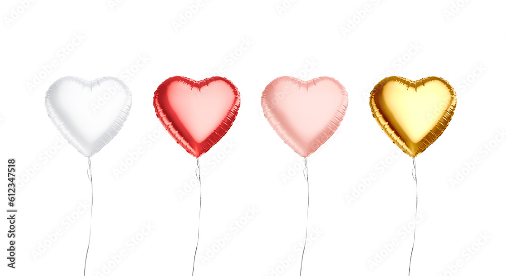 Blank white, red, pink, gold heart balloon flying mockup, isolated