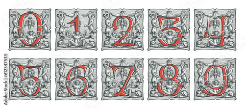 Gothic numbers set. Medieval drop caps. Devil, witches and ghosts in hell. Engraving hatching illustrations. Germanic font for bewitchment labels, pagan music, black magic posters, potions packaging.