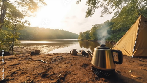 coffee drip while camping near the river in nature park. Generative Ai