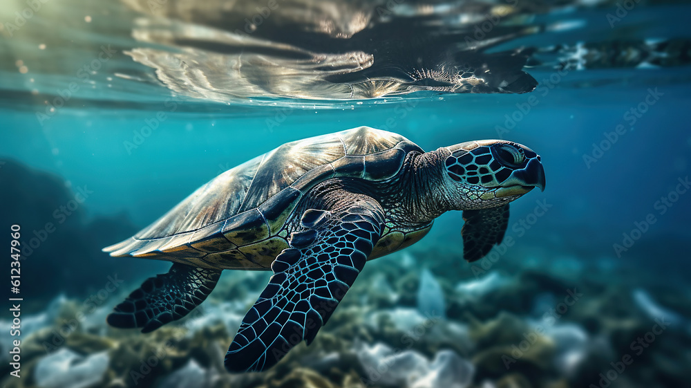 Fototapeta premium Plastic pollution in ocean environmental problem. Turtles can eat plastic bags. Generative Ai