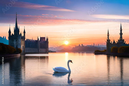A swan in a futuristic lake