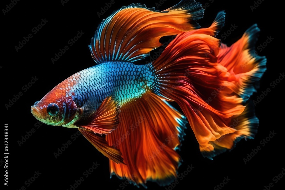 Betta fish. Colorful Siamese tropical fish with beautiful silk tail on black background. Generative AI