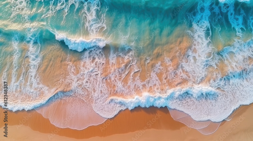 Top view of ocean waves on sandy beach landscape. Beautiful seascape background. Generative AI Top view of ocean waves on sandy beach landscape. Beautiful seascape background. Generative AI