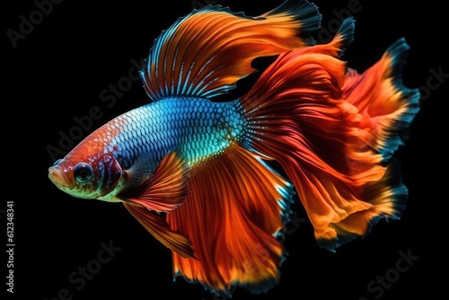 Betta fish. Colorful Siamese tropical fish with beautiful silk tail on black background. Generative AI