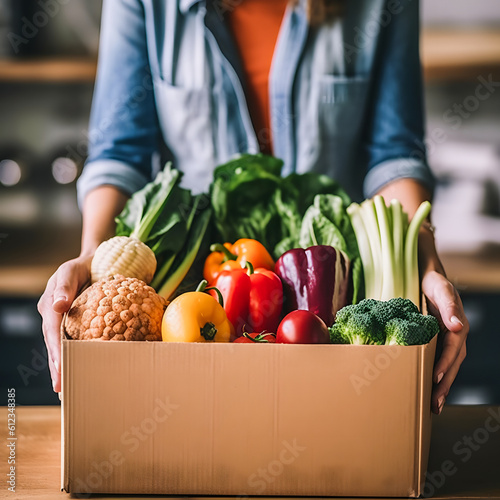 Convenient Grocery Delivery: Woman Excitedly Receives Fresh Vegetable Box