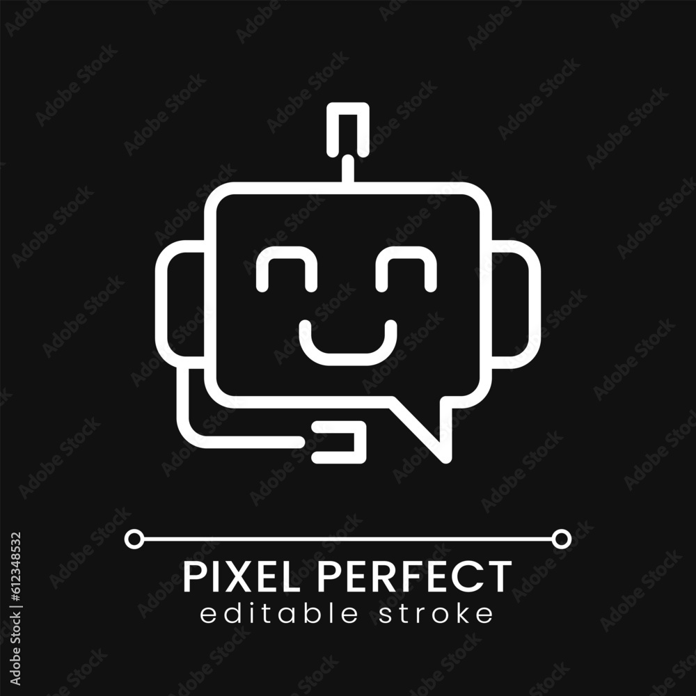 Support chatbot pixel perfect white linear icon for dark theme. Algorithm for users. Automated technology. Thin line illustration. Isolated symbol for night mode. Editable stroke. Poppins font used Support chatbot pixel perfect white linear icon for dark theme. Algorithm for users. Automated technology. Thin line illustration. Isolated symbol for night mode. Editable stroke. Poppins font used