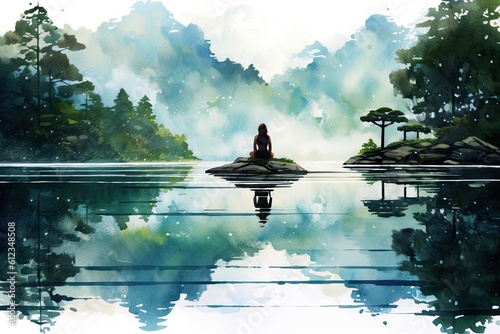 Peaceful lakeside watercolor illustration - Generative AI.