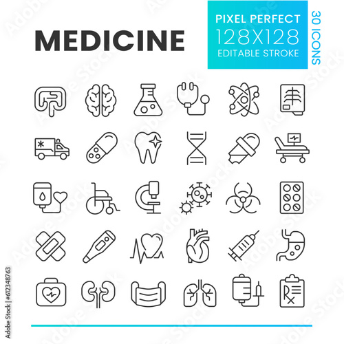 Medicine pixel perfect linear icons set. Medical service. First aid. Disease treatment. Customizable thin line symbols. Isolated vector outline illustrations. Editable stroke. Poppins font used