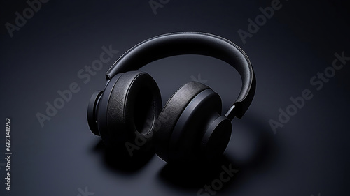 Black headphones on a black matte background. Generative Ai
