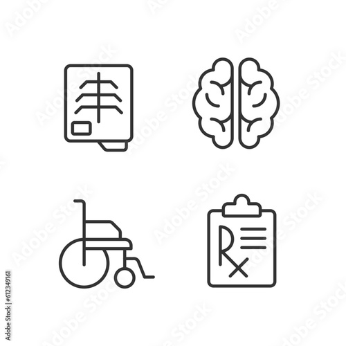 Treatment pixel perfect linear icons set. Medical checkup and tests. Recovery clinic. Healthcare service. Customizable thin line symbols. Isolated vector outline illustrations. Editable stroke