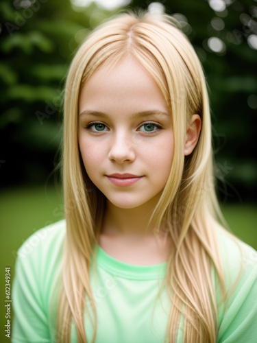 Portrait of beautiful young blonde girl posing outdoor in park. Generative AI