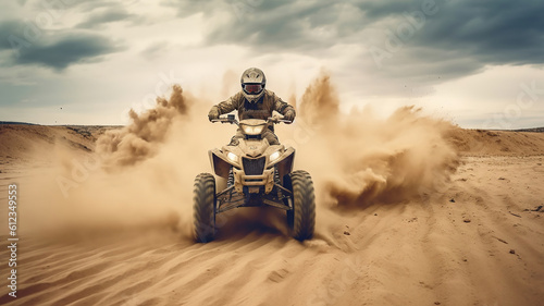 Quad bike in dust cloud, sand quarry on background. ATV Rider in the action. Generative Ai © Putra