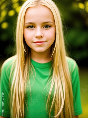 Portrait of beautiful young blonde girl posing outdoor in park. Generative AI