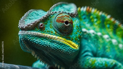 A realistic photo with a chameleon close up. Generative ai.