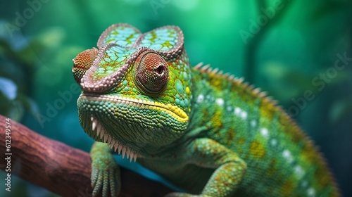 A realistic photo with a chameleon close up. Generative ai.