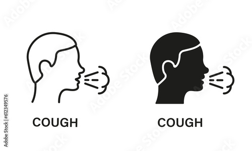 Cough Line and Silhouette Icon Set. Flu, Cold, Coronavirus Symptoms Symbol Collection. Man Coughing or Sneezing. Infectious Diseases, Bronchitis, Tuberculosis Pictogram. Isolated Vector illustration