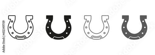 Horse Shoe, Hoof Line and Silhouette Icon Set. Good Luck in Casino, Playing Gambling Games. Jackpot Talisman. Lucky Fortune Sign. Horseshoe Symbol Collection. Isolated Vector Illustration
