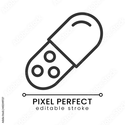Medicament pixel perfect linear icon. Capsule pill. Solid dosage form. Medical treatment and therapy. Thin line illustration. Contour symbol. Vector outline drawing. Editable stroke. Poppins font used
