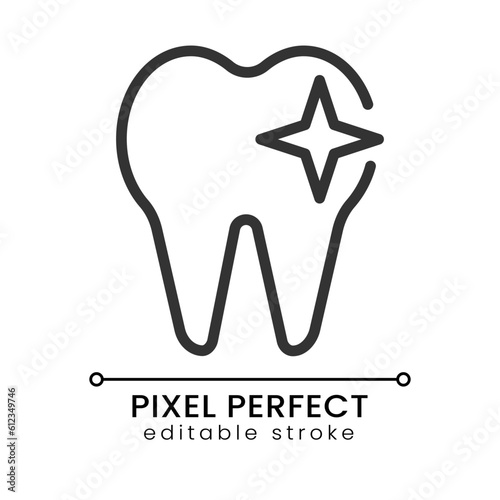 Tooth pixel perfect linear icon. Dental care and hygiene. Grinding teeth. Healthy molar. Dentistry. Thin line illustration. Contour symbol. Vector outline drawing. Editable stroke. Poppins font used