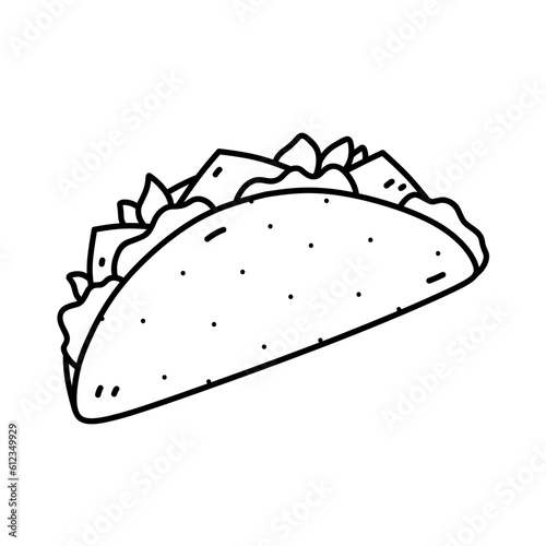 Taco isolated on white background. Traditional mexican fast food, street food snack. Vector hand-drawn illustration in doodle style. Perfect for various designs, cards, logo, menu.