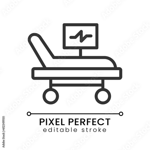 Intensive care bed pixel perfect linear icon. Resuscitation equipment. Life support. Hospital. Thin line illustration. Contour symbol. Vector outline drawing. Editable stroke. Poppins font used