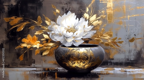 Floral background, flower painted with gold paint, generative AI.